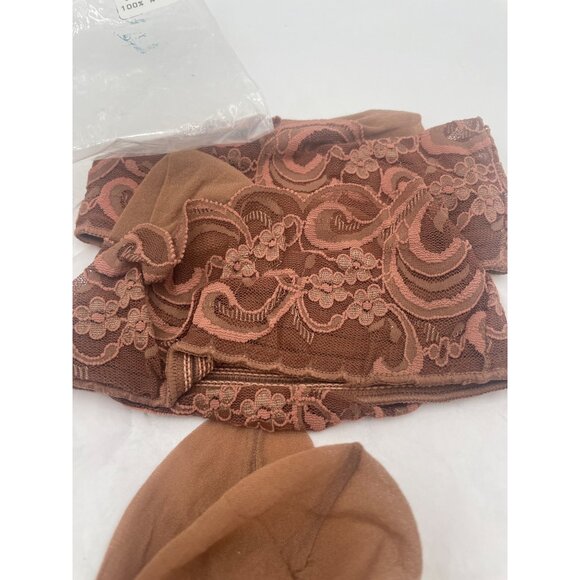 2 Pair Vintage 100% Nylon Neutral Beige Stockings Fancy Lace Top - Picture 3 of 8